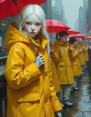 A detailed oil painting of a 12-year-old robotic girl with translucent white skin, blue eyes, and white hair wearing a yellow raincoat and holding a red umbrella in a rainy cyberpunk city, with a line of children similarly dressed in the background.