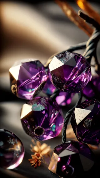 Close-up of delicately faceted purple glass berries on twisted black wire stems with light reflections and dew effects, against a softly blurred smoky gray background.
