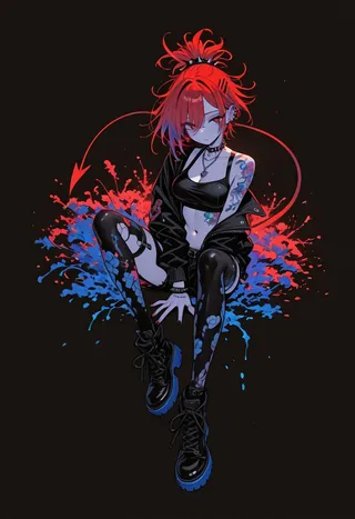 A punk girl with vibrant red hair and tattoos poses dynamically with a seductive expression against a black background with red and blue paint splatters.