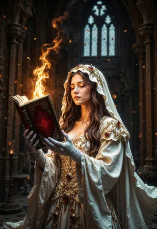 A young woman in an ornate medieval white gown with gold embroidery and red gemstones, holding a glowing ancient book emitting flames, set in a dark gothic cathedral.