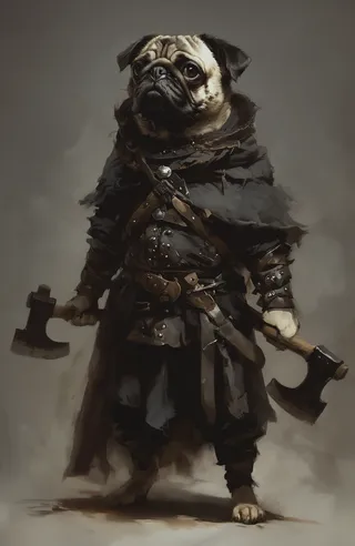 A detailed pug warrior dressed in dark medieval armor holding axes in both paws, standing against a muted gray background with a somber atmosphere and painterly texture.