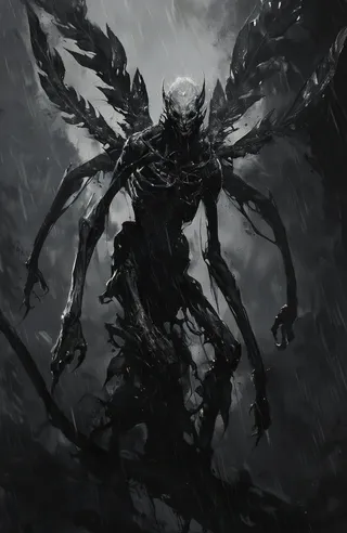 Black-and-white stylized image of a grotesque skeletal creature with elongated limbs and large leaf-like wings emerging in a dark rain-soaked environment.