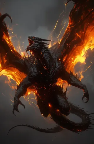 A massive demonic dragon in mid-flight with dark, rough scales and blazing fiery wings illuminating a smoky background. Its glowing red eyes and sharp jagged teeth add to its fierce and intense presence.