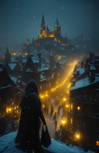 A snowy medieval city at night illuminated by warm glowing street lamps with a cloaked figure standing on a rooftop overlooking a bustling cobblestone street and a distant castle.