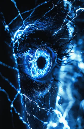 Close-up of a glowing blue eye with intense swirling light patterns and white web-like electrically charged strands, set against a dark high contrast background.