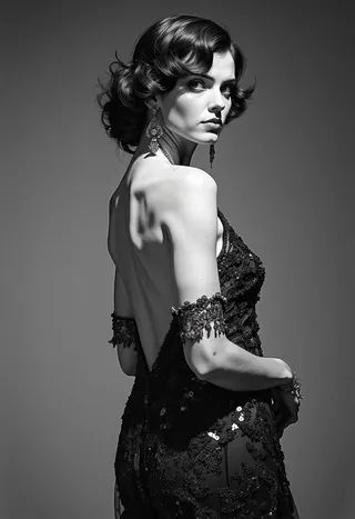 Black and white portrait of a young woman with 1920s voluminous waves hairstyle, wearing an elegant black sequined backless gown and statement earrings, posing with a serious expression.
