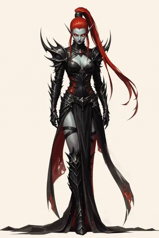 Dark Fantasy style female Drukhari Eldar with darkcoal skin, pointed ears, fiery red high ponytail, wearing segmented black armor with red accents.