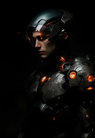 A hyper-realistic dark photo of a young man in futuristic metallic cyborg armor with glowing orange lights on helmet and chest.