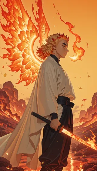 Portrait of Kyojuro Rengoku standing with flaming wings and a fire-infused sword, dressed in traditional Japanese attire, against a vibrant orange sunset sky.