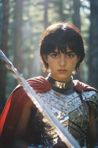 Close-up of a dark-skinned female warrior wearing silver armor and a red cape, holding a sword in a misty forest with sunlight filtering through trees at sunrise.