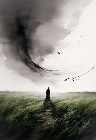 Silhouette of a solitary woman standing in a vast field of tall grass under a dramatic, swirling grey sky with birds flying.