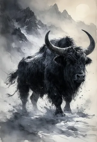 A colossal Himalayan yak depicted in a dramatic graphic novel style with detailed cross-hatching and ink washes, set against a misty mountain backdrop.