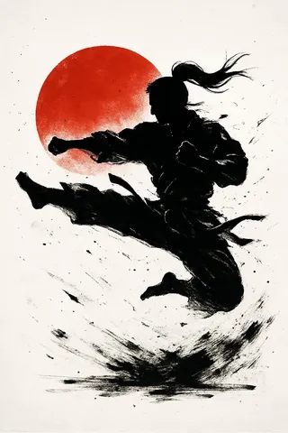 Silhouette of a karate fighter in mid-air kick with a bold red sun in the background, depicted in a sumi-e inspired black-and-white ink splatter style.