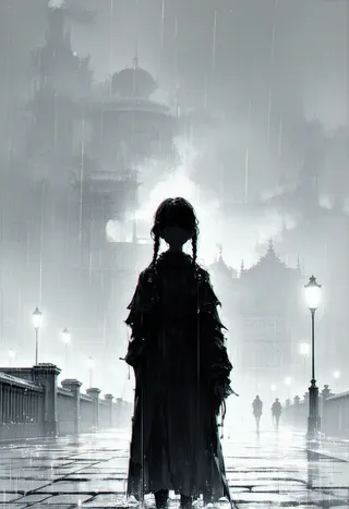 Silhouette of a solitary woman with twin braids standing on a rain-slicked cobblestone street under a twilight sky, rendered in a graphic-novel style with heavy ink and cross-hatching.
