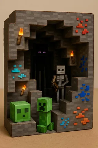 Diorama tridimensional de caverna Minecraft em papelão apresentando minérios realistas, inimigos em camadas incluindo creeper, slime, esqueleto e enderman, iluminado por pequenas tochas.