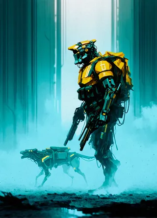 A robotic humanoid figure in yellow armor stands with dual guns and a large backpack in a foggy, blue-toned sci-fi environment alongside a robotic dog.