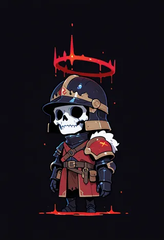 Chibi-style vector illustration of a skeleton knight wearing dark fantasy armor and a helmet, standing with a glowing red halo above its head on a black background.