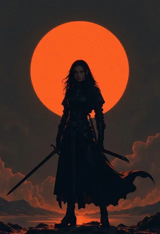 A powerful silhouette of a woman holding a sword, standing with a dark background and a large bright orange sun behind her.