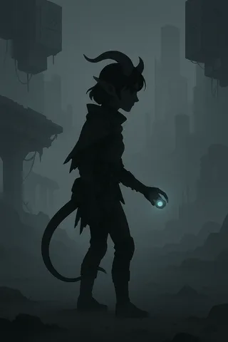 A side profile silhouette of a tiefling rogue standing in a bleak, desaturated environment with curved horns and tail, holding a glowing magic orb.
