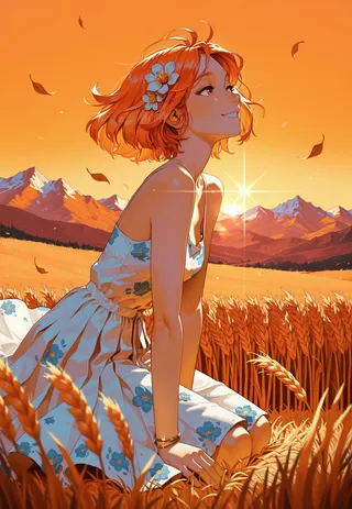 A girl with short orange hair adorned with blue flowers kneeling in a golden wheat field at sunset, wearing a white summer dress with blue floral prints, smiling dreamily.
