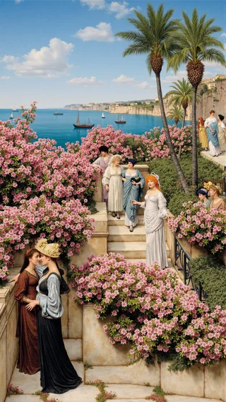 Roman coastal scene showing a lively gathering on stone stairs surrounded by blooming pink flowers, palm trees, and a blue sea with boats, painted in Alma Tadema's 19th century Victorian style.