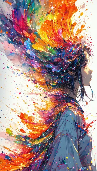 Anime girl in profile with vibrant, colorful explosion flowing from her hair and clothes in an abstract, color pencil style.