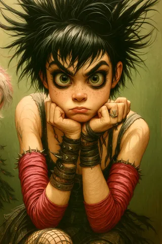 A hyperrealistic oil painting of a gothic-punk heroine with spiky black hair and emerald green eyes, wearing spiked leather wristbands and fishnet stockings, resting her chin on clasped hands against an olive-green backdrop.