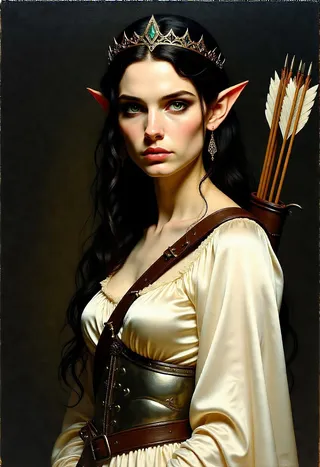Realistic oil painting of a mysterious elven woman wearing a light silk dress, tiara, light armor, and carrying a bow and quiver of arrows, painted in the style of Caravaggio with strong light and dark contrast.