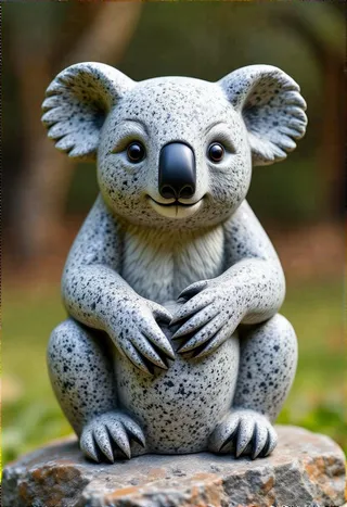 A cute koala sculpture crafted from speckled granite, showing detailed textures and a smiling facial expression, seated on a stone base.