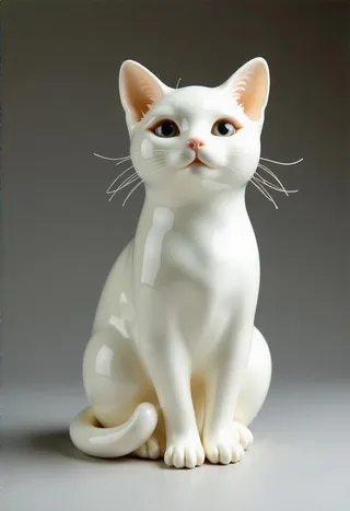 A detailed porcelain sculpture of a cute white cat, showcasing a smooth surface and a delicate sheen, sitting gracefully with a timeless and refined finish.