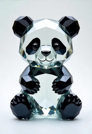 A crystal sculpture of a cute panda with faceted surfaces creating elegant shimmer and transparency in a three-dimensional artwork.