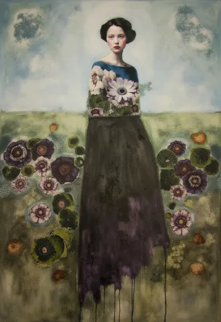 A surreal painting of a young woman with a flower-patterned upper body and abstract floral elements surrounding her, set against a deep meaningful background.