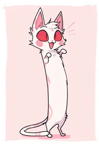Cute chibi-style white cat with very long body and pink cheeks standing playfully against a soft pink background