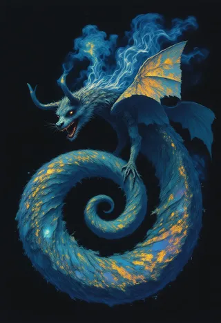 A spiral fantasy creature with glowing eyes, fractal smoky horns, ethereal nautilus-like wings, and a swirling tail shimmering with blue and gold scales.