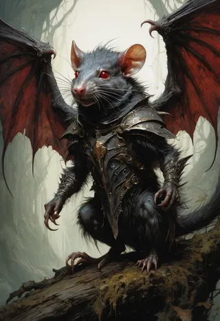 A detailed rat-like monster with red glowing eyes, leathery wings, sharp claws, and dark fantasy armor, standing on a log in a misty forest.