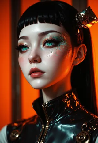Close-up hyperrealistic portrait of a Korean woman with graphite-black hair, bright obsidian irises with turquoise fractal rings, and subtle biomechanical tattoos under cinematic lighting.