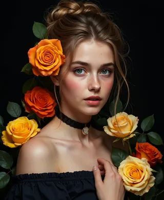 Gothic-style digital painting of a fair-skinned blonde woman with freckles and blue eyes, wearing a black choker and dark off-shoulder top, surrounded by vivid orange and yellow roses against a dark background.