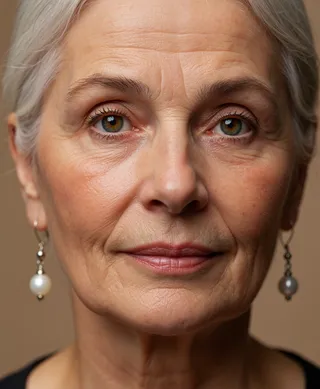 Close-up hyper-realistic portrait of an elderly woman with silver hair, hazel eyes, detailed aged skin texture, and pearl earrings under soft lighting.