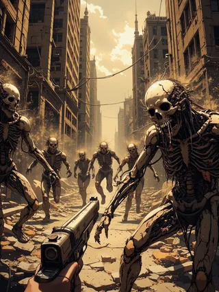First-person view of a hand holding a gun aiming at aggressive skeletal zombie creatures running through a decayed, apocalyptic city alley with dramatic golden light filtering through tall ruined skyscrapers.