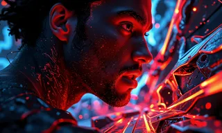 Extreme close-up profile of a man illuminated by red neon light with detailed skin texture, staring intensely amid blue and red glowing nightclub lights.