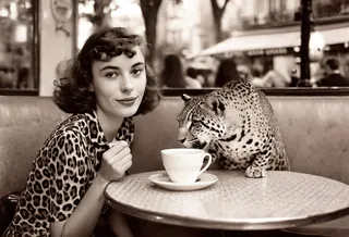Sepia-toned vintage style photo showing a beautiful French girl in a leopard print dress sitting in a Paris cafe in the 1960s, her pet jaguar drinking coffee from a cup on the table next to her