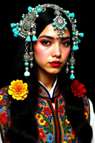 Young woman with ethereal appearance wearing a colorful Central Asian traditional embroidered robe and ornate silver headdress adorned with turquoise beads and tassels on a black background.