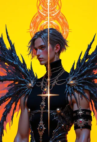 Portrait of a young androgynous man wearing avant-garde Gothic Romance attire with exaggerated black lace winged shoulders, silver chains with onyx and garnet, set against a neon cross and vivid yellow background with orange spirals.