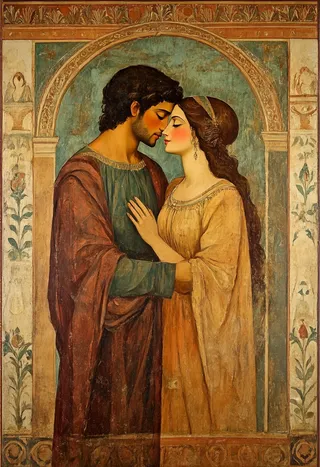 Fresco painting of a couple in love embracing, depicting rich colors and textures in an ancient artistic style with historical architecture background.