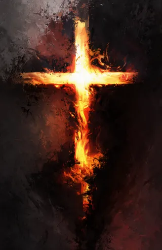 A glowing fiery cross with bright orange and yellow flames illuminating a dark textured abstract background with rough brushstrokes.