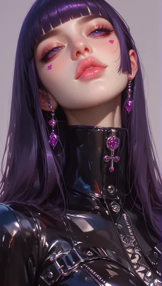 Close-up of a young woman with dark purple hime-cut hair, purple eyes, glossy pink lips, wearing a black leather suit and purple gemstone earrings.
