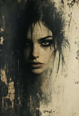 Portrait of a woman's face with a moody grunge style featuring deep textured brushstrokes, dark atmospheric tones, and melancholic colors.