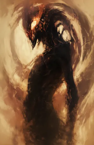 Cyfrowy obraz ciemnej cieniowej postaci z głową przypominającą świecącego owada na tle abstrakcyjnym w wirujących ciepłych ziemistych tonach.