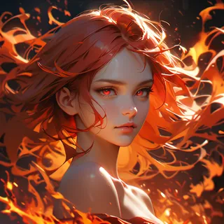 A realistic portrait of a fire girl with fiery red hair and eyes, floating hair surrounded by warm flames, bare shoulders visible.