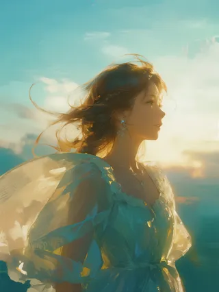 A photorealistic side-profile portrait of a graceful young woman at dawn wearing a flowing aquamarine gown with delicate lace, her hair tousled by the breeze under warm golden-hour light.